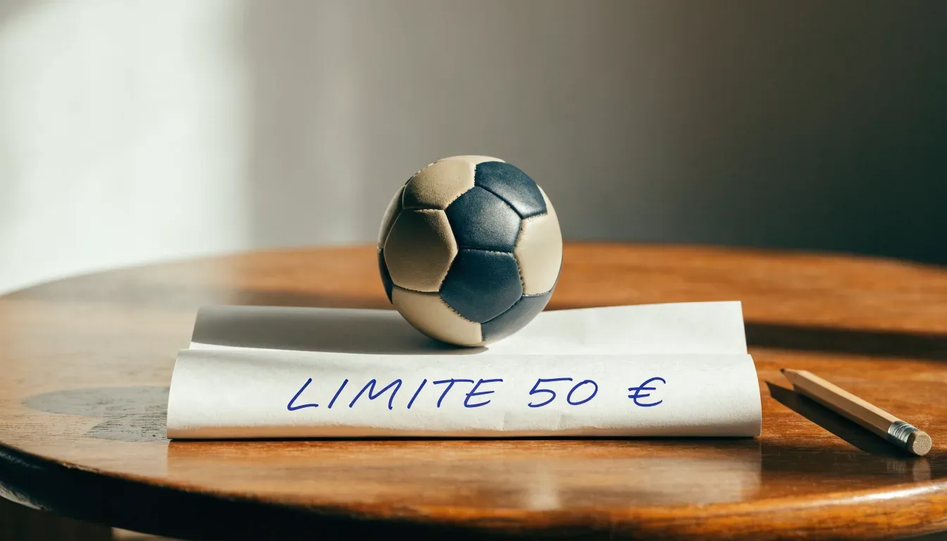 Un pallone da calcio appoggiato su una schedina bianca su un tavolo di legno, alla luce del giorno