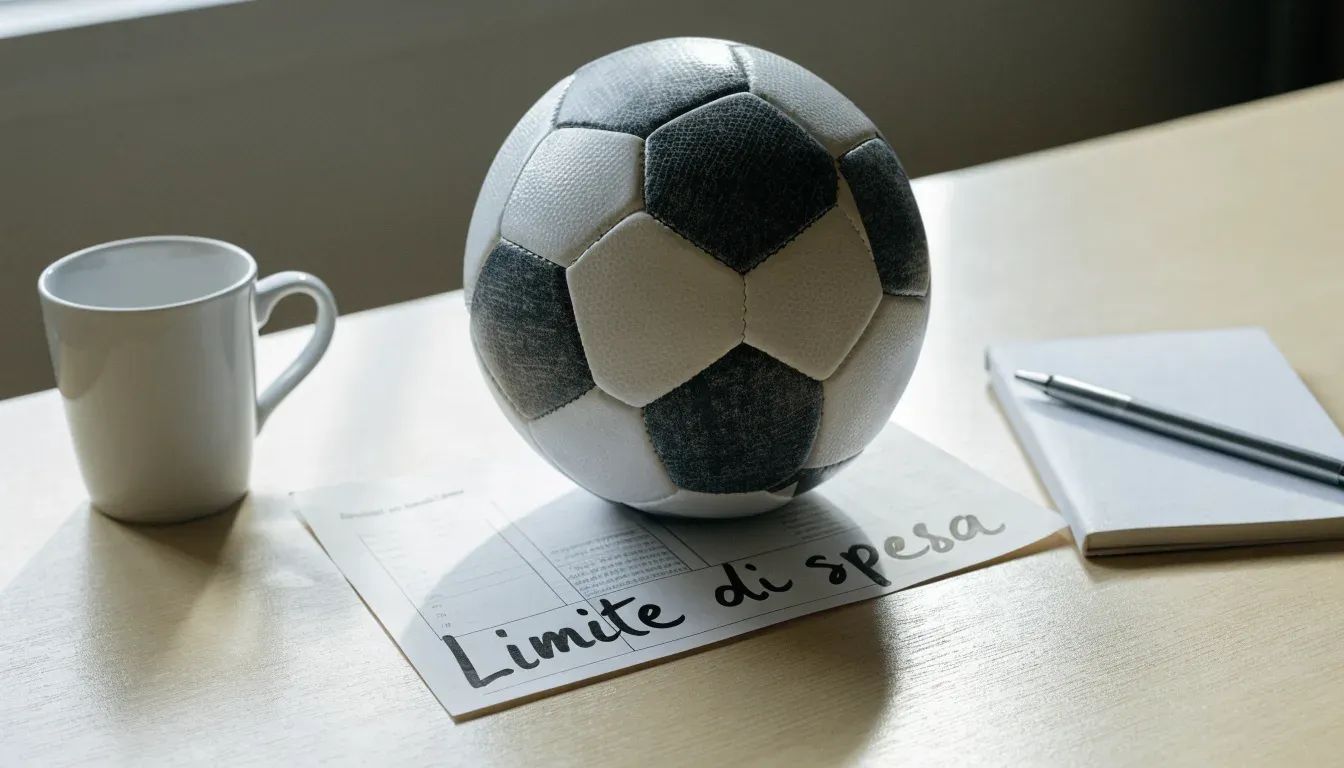 Un pallone da calcio appoggiato su una schedina bianca su un tavolo di legno, alla luce del giorno