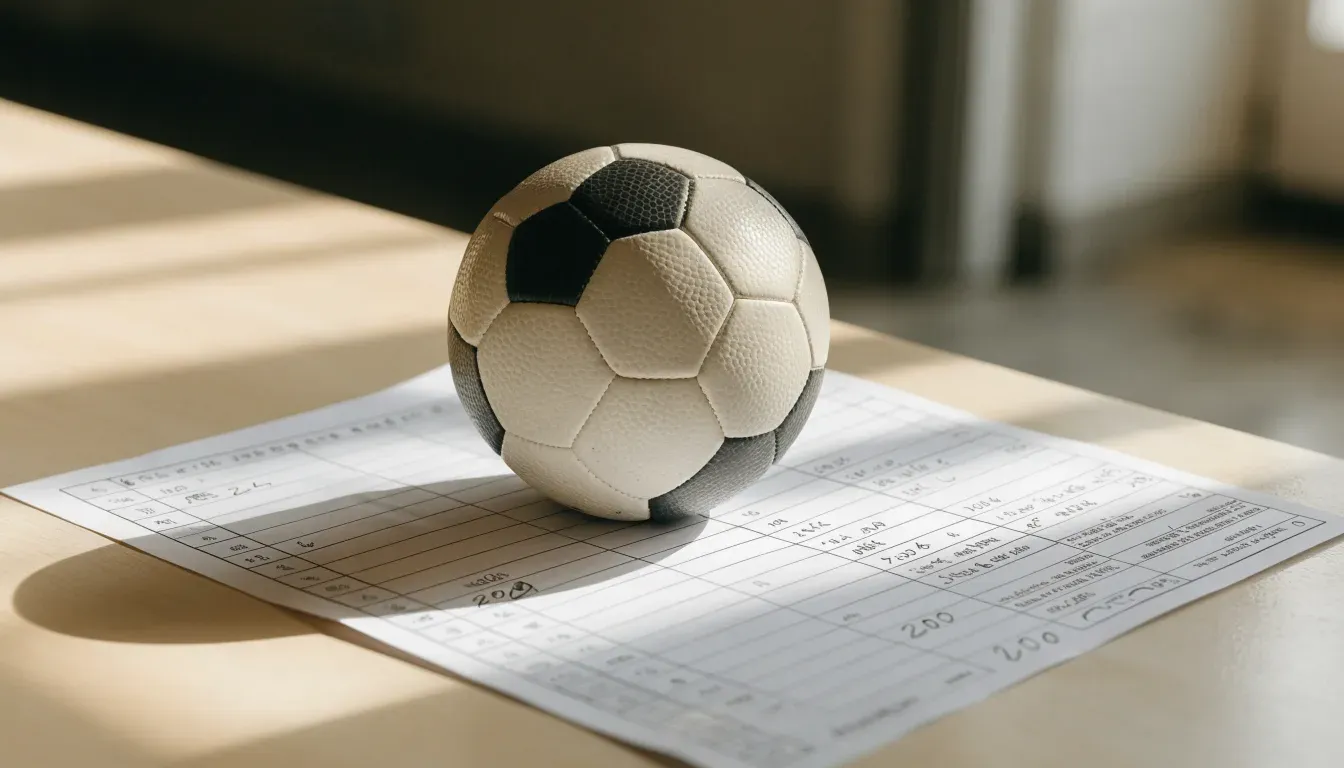 Un pallone da calcio appoggiato su una schedina bianca su un tavolo di legno, alla luce del giorno