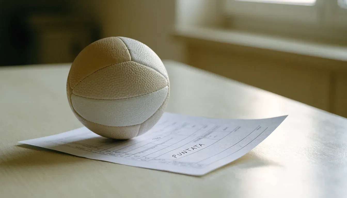 Un pallone da calcio appoggiato su una schedina bianca su un tavolo di legno, alla luce del giorno