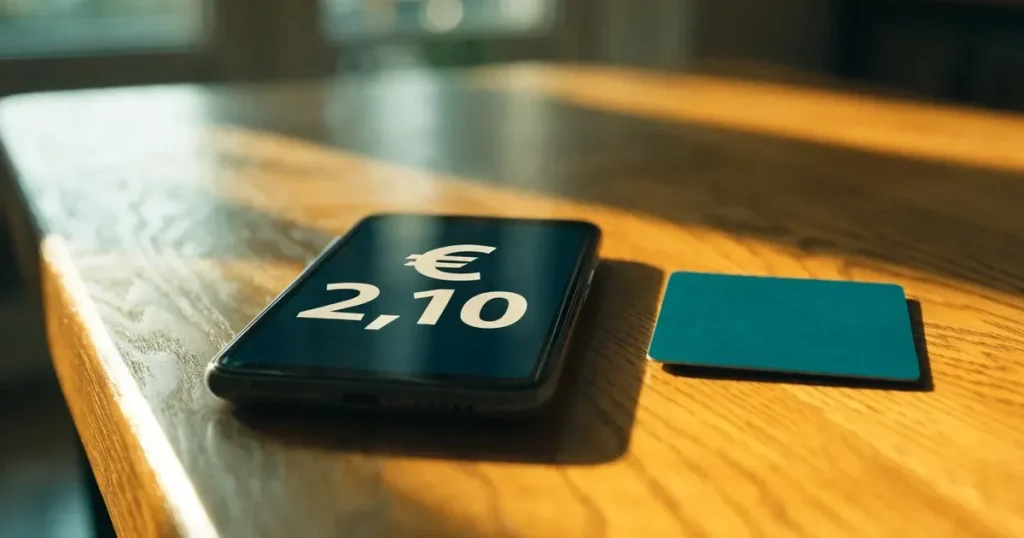 Uno smartphone e una carta di pagamento affiancati su un tavolo di legno, con alcune banconote da euro accanto