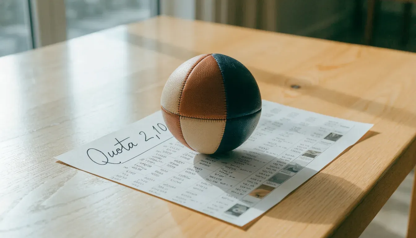 Un pallone da calcio appoggiato su una schedina bianca su un tavolo di legno, alla luce del giorno