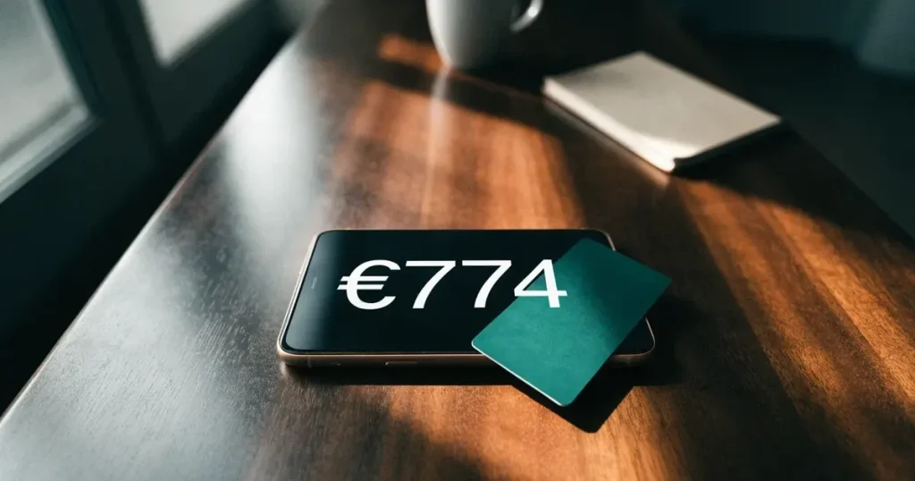 Uno smartphone e una carta di pagamento affiancati su un tavolo di legno, con alcune banconote da euro accanto