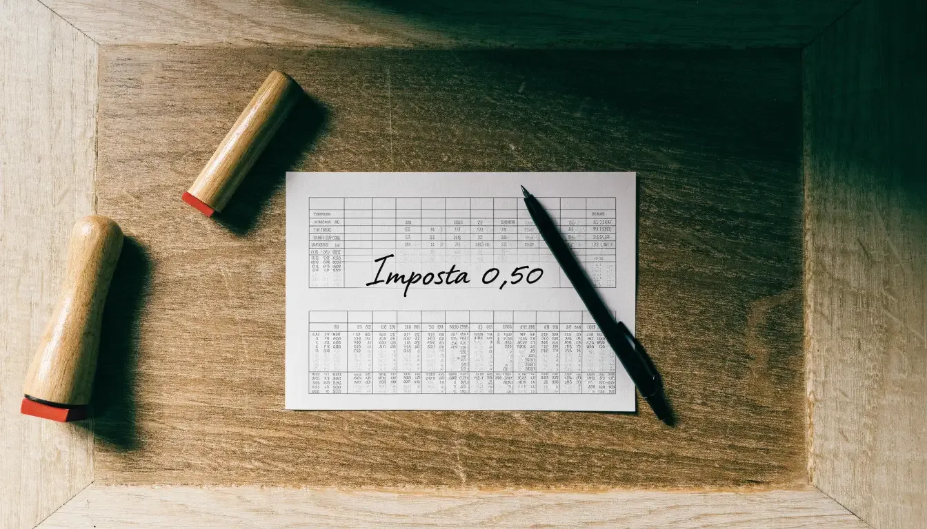 Un foglio di concessione in carta con un timbro rosso, appoggiato su una scrivania di legno accanto a una penna