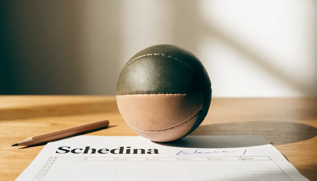 Un pallone da calcio appoggiato su una schedina bianca su un tavolo di legno, alla luce del giorno