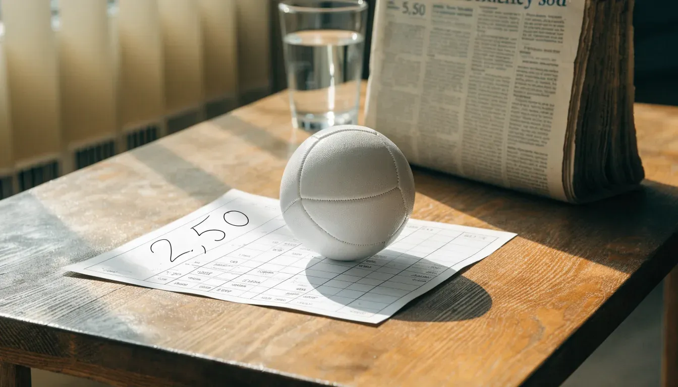 Un pallone da calcio appoggiato su una schedina bianca su un tavolo di legno, alla luce del giorno