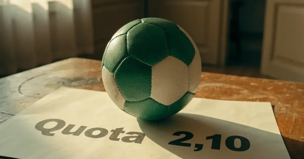 Un pallone da calcio appoggiato su una schedina bianca su un tavolo di legno, alla luce del giorno