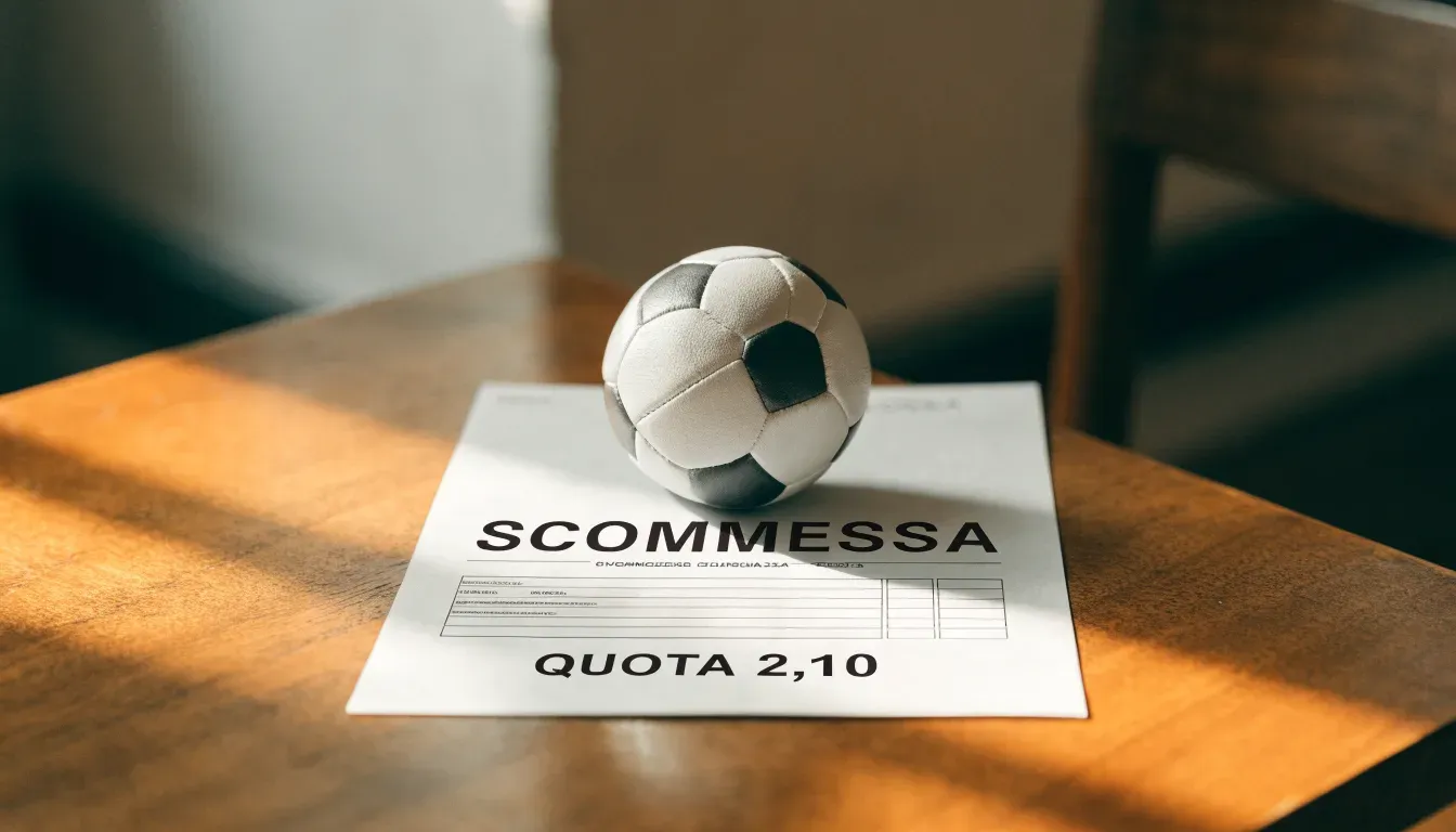 Un pallone da calcio appoggiato su una schedina bianca su un tavolo di legno, alla luce del giorno