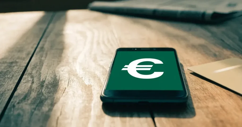 Uno smartphone e una carta di pagamento affiancati su un tavolo di legno, con alcune banconote da euro accanto