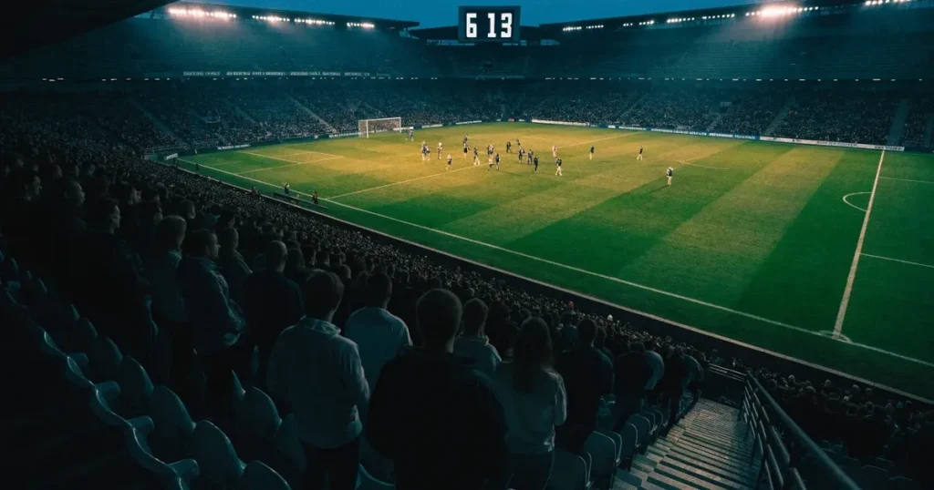 Un tabellone elettronico di uno stadio con il risultato a metà del secondo tempo, visto dalle tribune