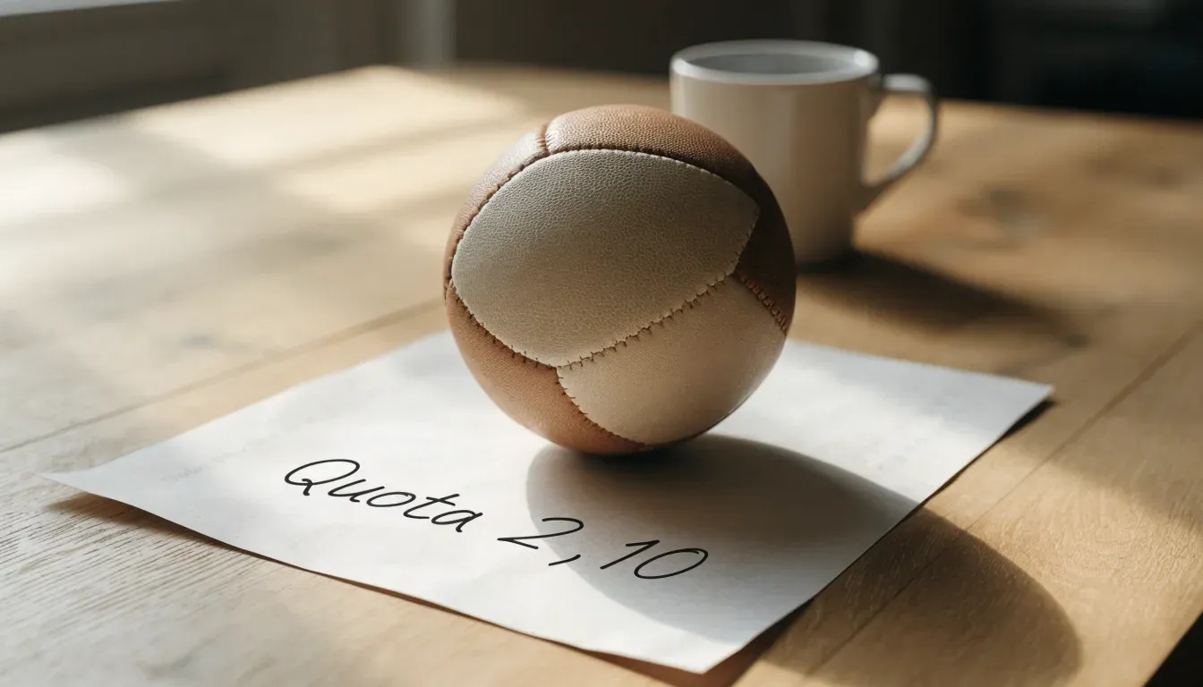 Un pallone da calcio appoggiato su una schedina bianca su un tavolo di legno, alla luce del giorno