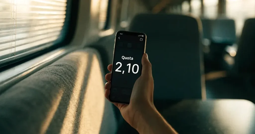 Una mano che tiene uno smartphone con una scommessa sullo schermo, su un treno nel tardo pomeriggio
