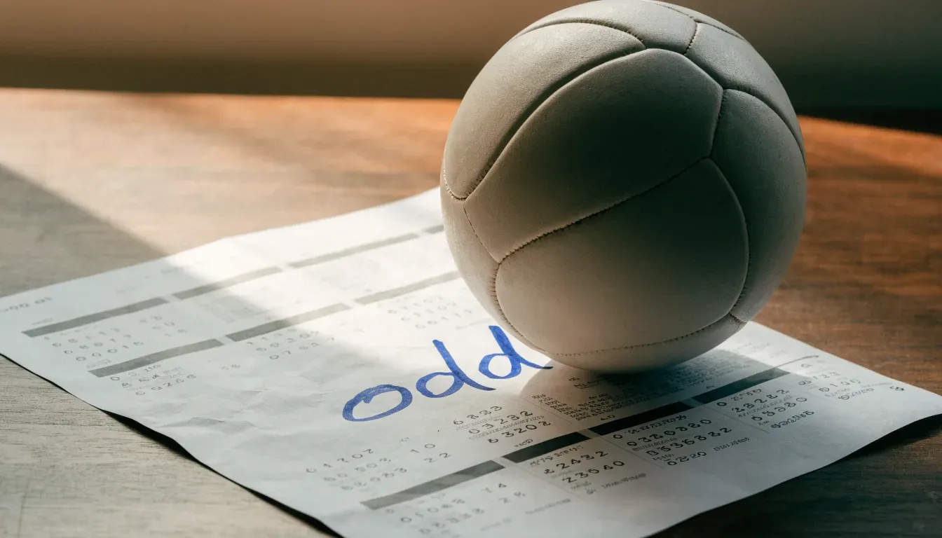 Un pallone da calcio appoggiato su una schedina bianca su un tavolo di legno, alla luce del giorno
