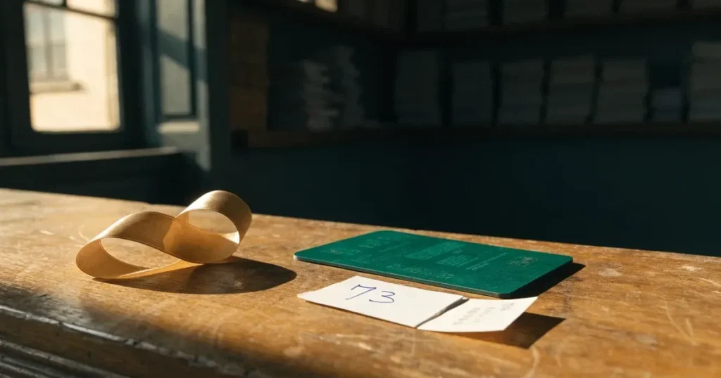 Un biglietto regalo con un nastro dorato accanto a una schedina su un bancone di legno