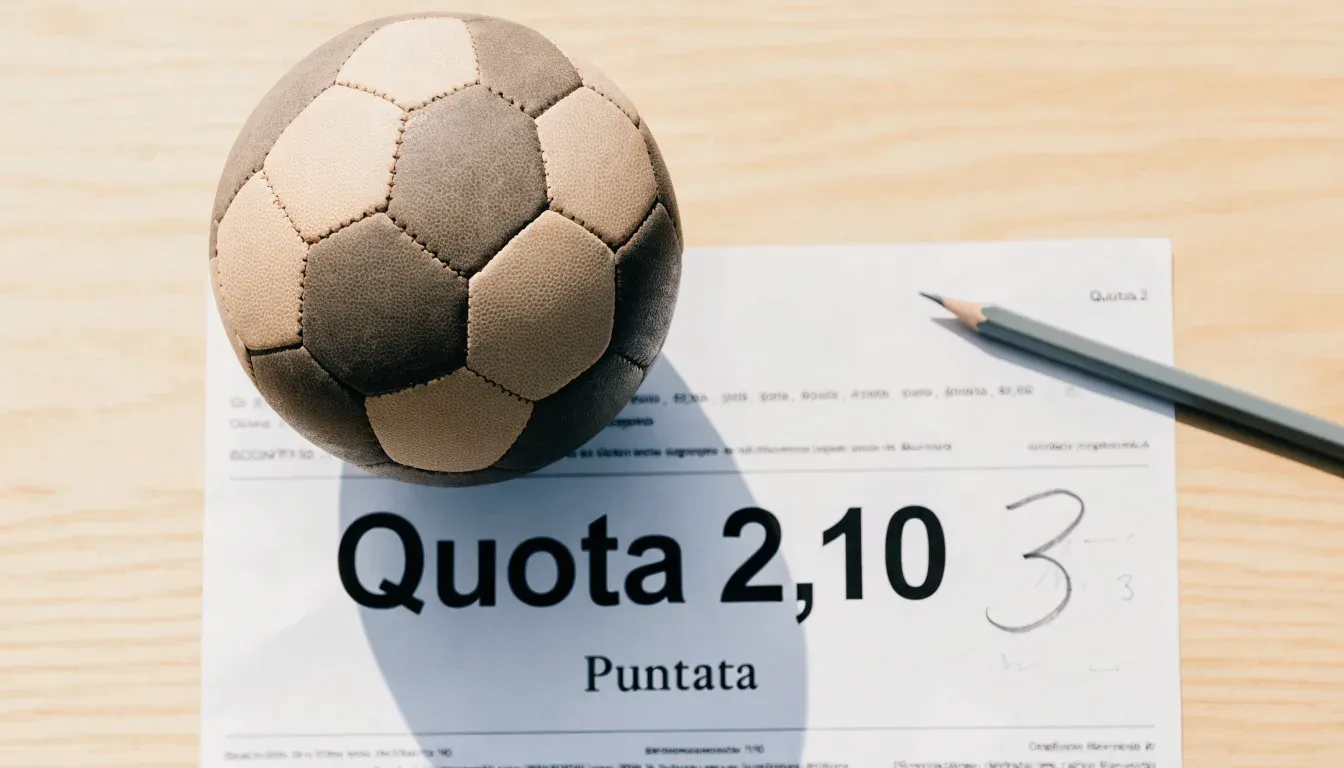 Un pallone da calcio appoggiato su una schedina bianca su un tavolo di legno, alla luce del giorno