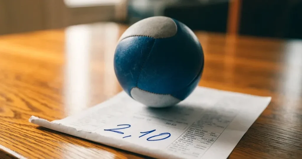 Un pallone da calcio appoggiato su una schedina bianca su un tavolo di legno, alla luce del giorno