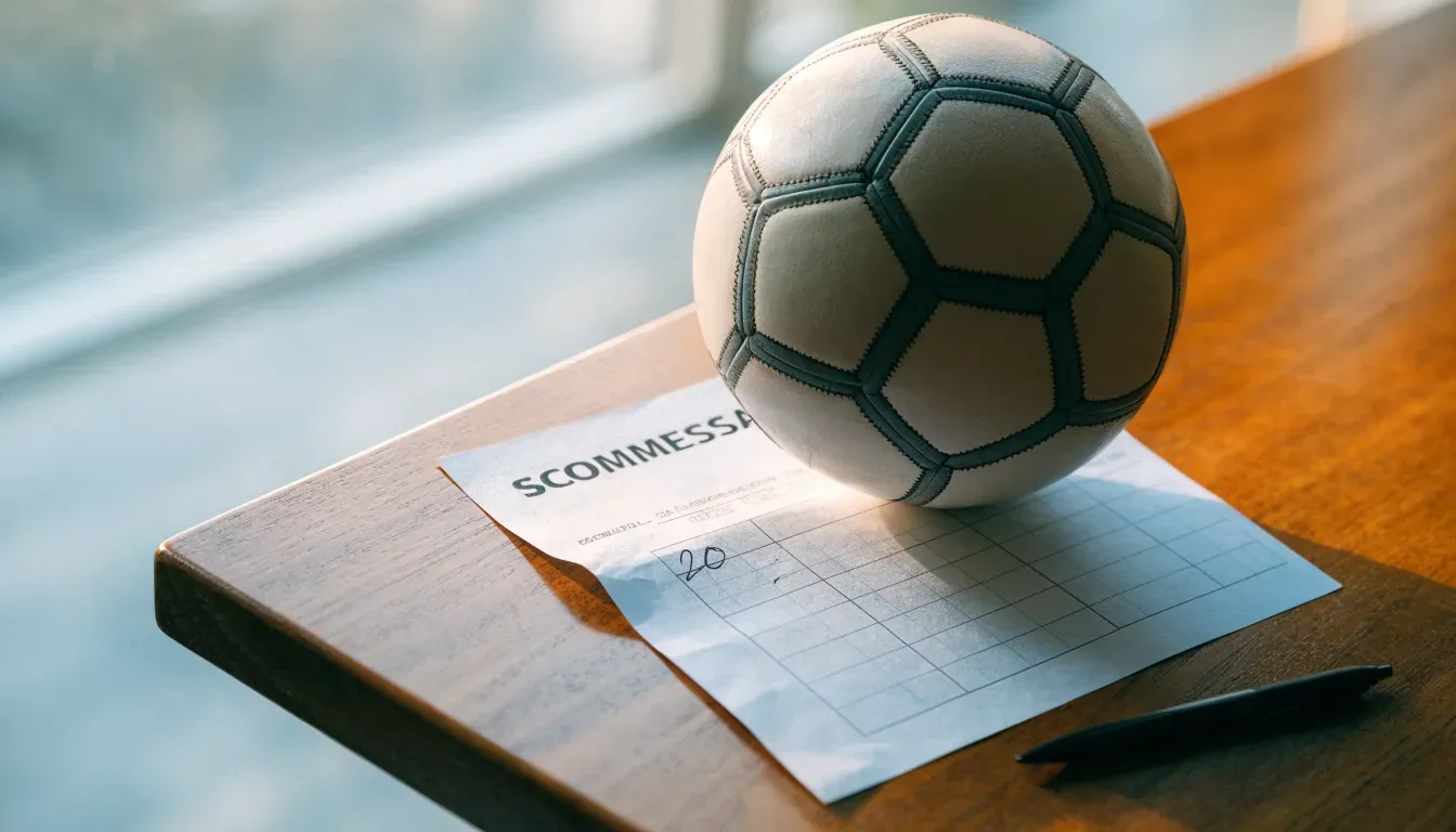 Un pallone da calcio appoggiato su una schedina bianca su un tavolo di legno, alla luce del giorno