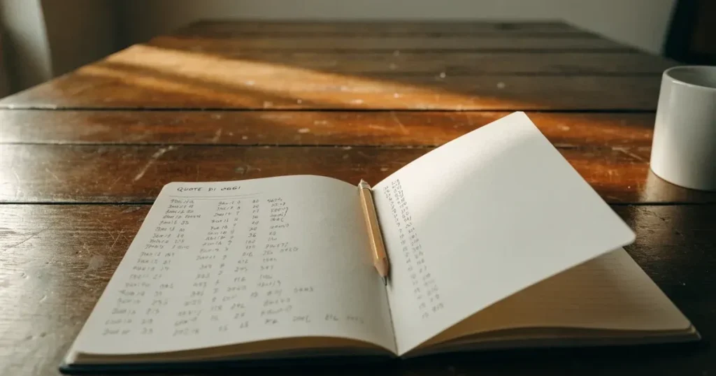 Un quaderno aperto con quote scritte a mano, una calcolatrice e una matita su un tavolo di legno