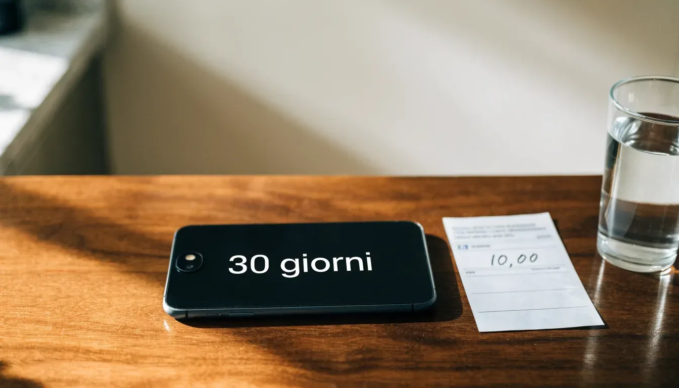 Un documento di identità appoggiato accanto a uno smartphone con un timer sullo schermo, su un tavolo da cucina