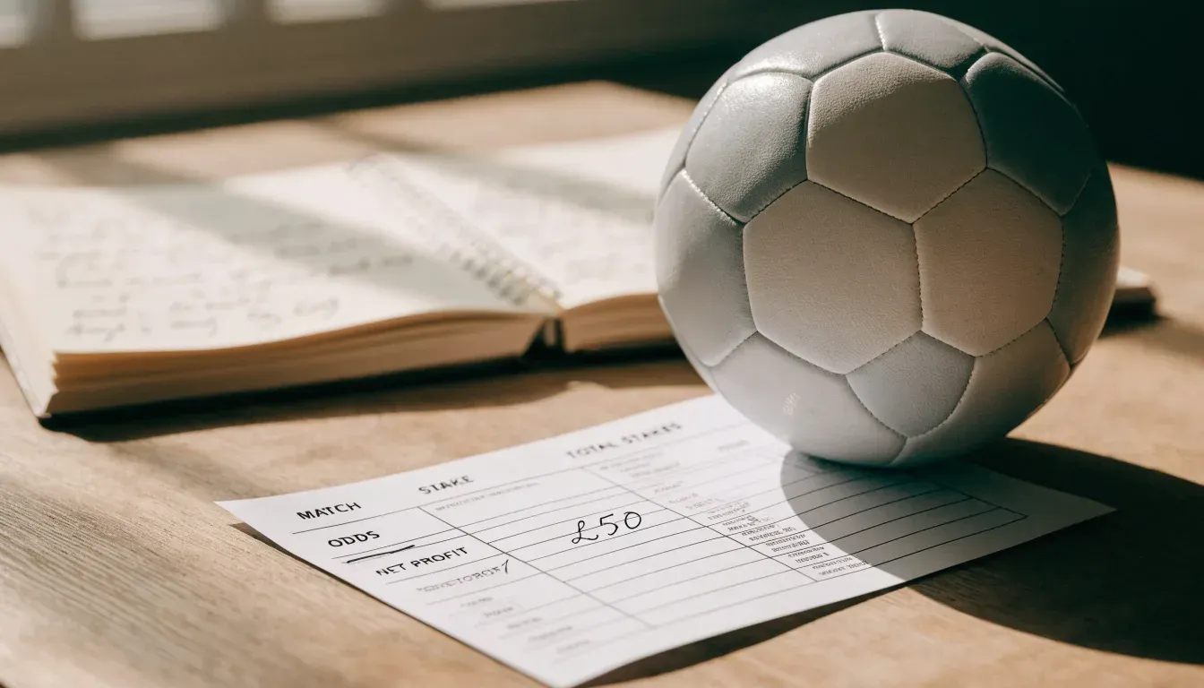 Un pallone da calcio appoggiato su una schedina bianca su un tavolo di legno, alla luce del giorno