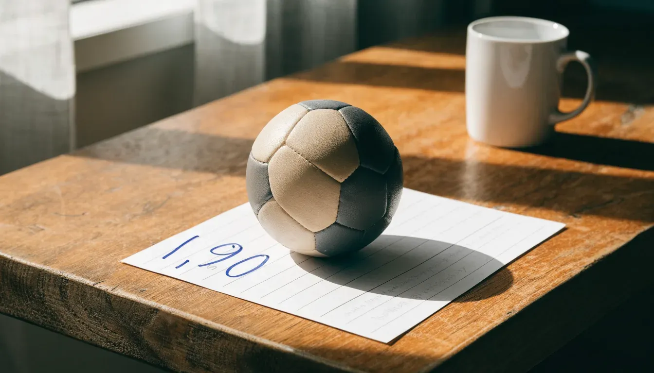 Un pallone da calcio appoggiato su una schedina bianca su un tavolo di legno, alla luce del giorno