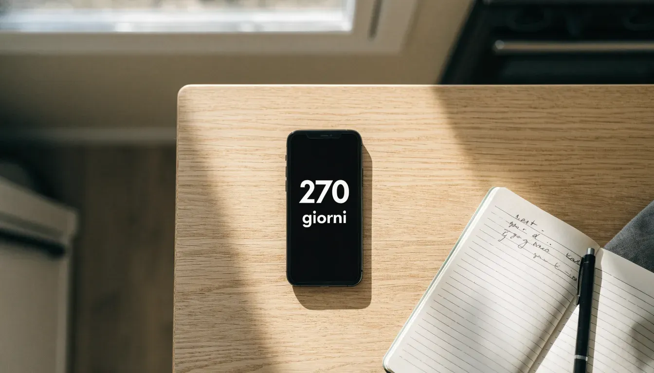 Un documento di identità appoggiato accanto a uno smartphone con un timer sullo schermo, su un tavolo da cucina
