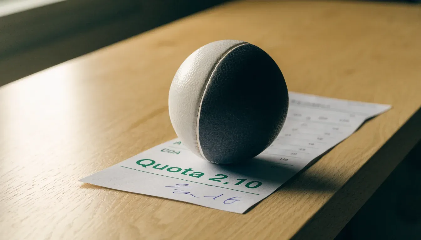 Un pallone da calcio appoggiato su una schedina bianca su un tavolo di legno, alla luce del giorno