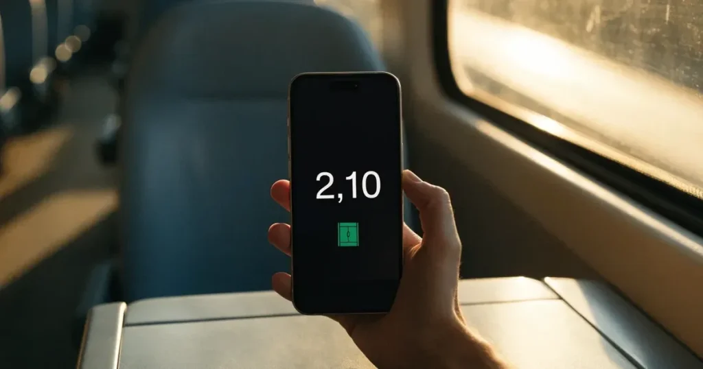 Una mano che tiene uno smartphone con una scommessa sullo schermo, su un treno nel tardo pomeriggio