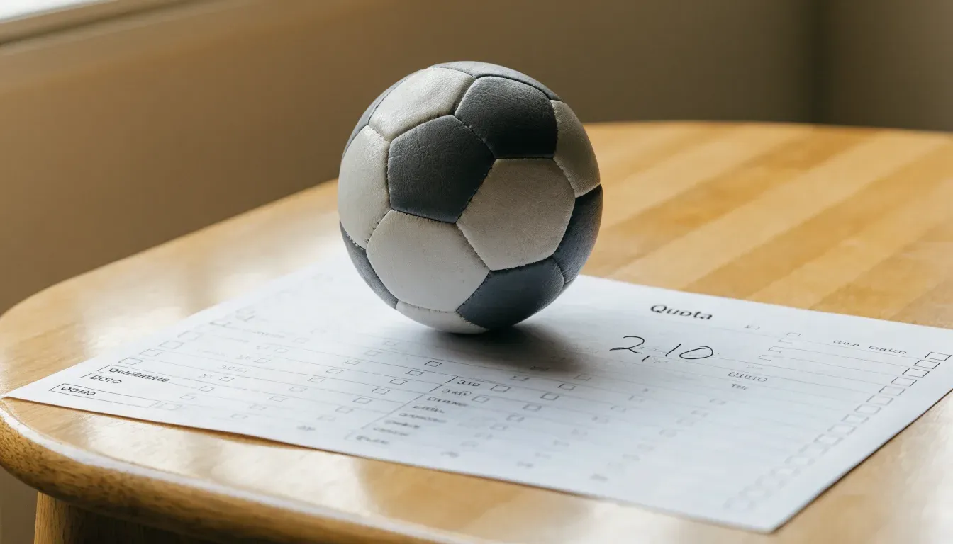 Un pallone da calcio appoggiato su una schedina bianca su un tavolo di legno, alla luce del giorno