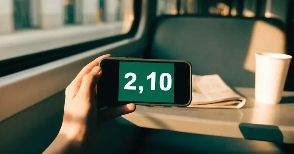 Una mano che tiene uno smartphone con una scommessa sullo schermo, su un treno nel tardo pomeriggio