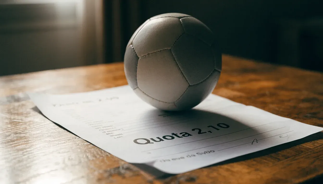 Un pallone da calcio appoggiato su una schedina bianca su un tavolo di legno, alla luce del giorno