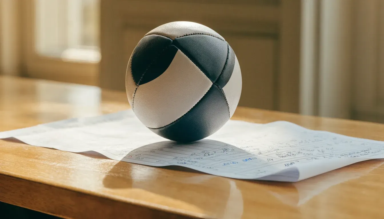 Un pallone da calcio appoggiato su una schedina bianca su un tavolo di legno, alla luce del giorno
