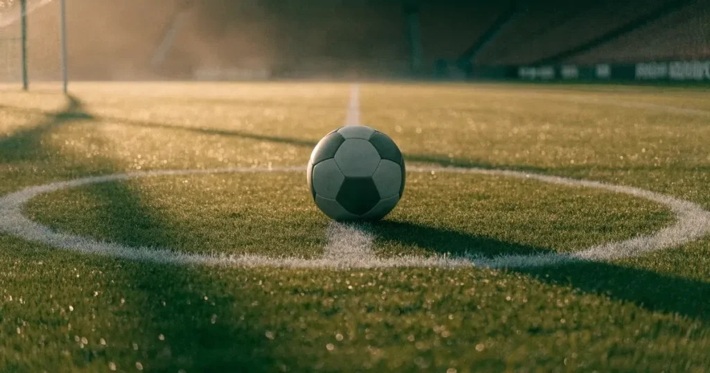 Un pallone da calcio sul dischetto del centrocampo di un prato, alla luce del mattino