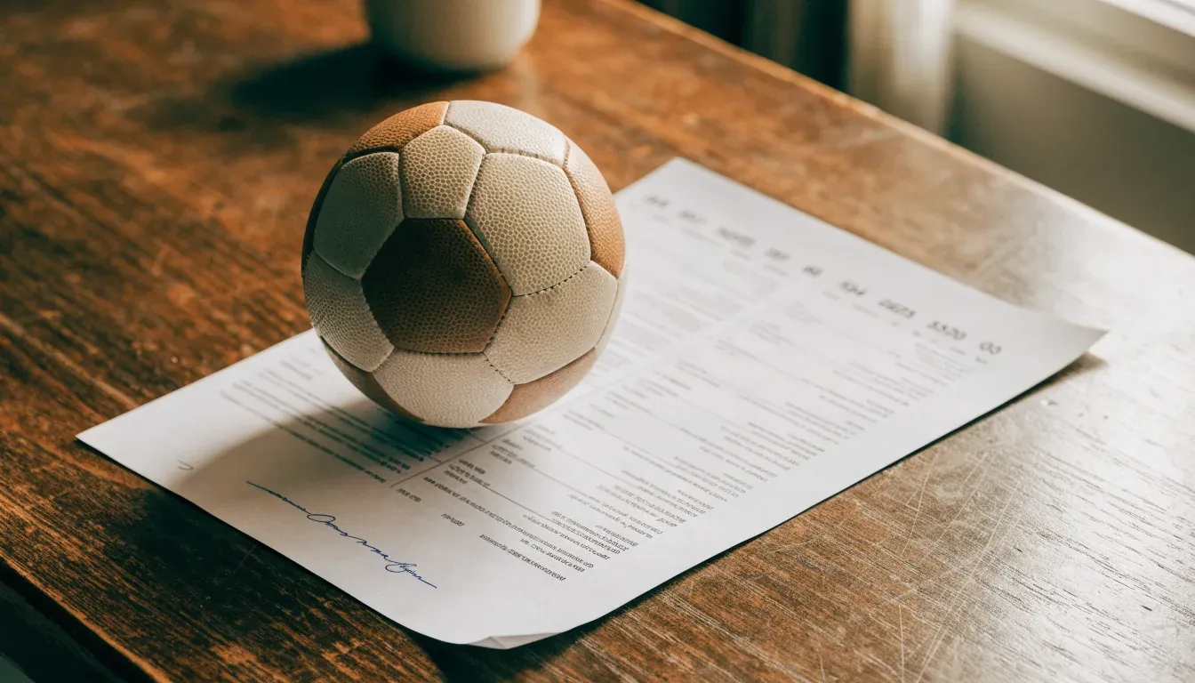 Un pallone da calcio appoggiato su una schedina bianca su un tavolo di legno, alla luce del giorno