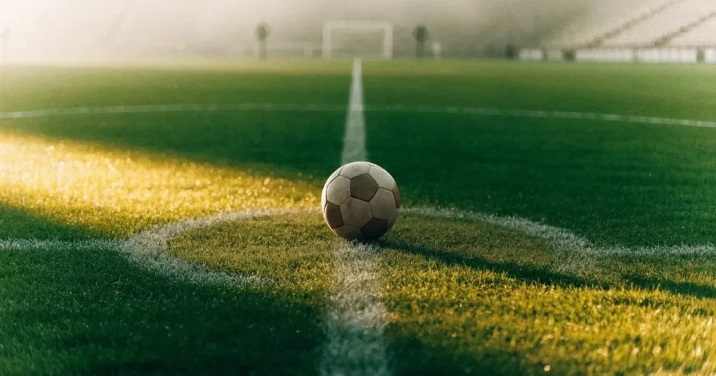 Un pallone da calcio sul dischetto del centrocampo di un prato, alla luce del mattino