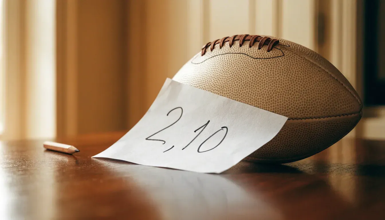 Un pallone da calcio appoggiato su una schedina bianca su un tavolo di legno, alla luce del giorno