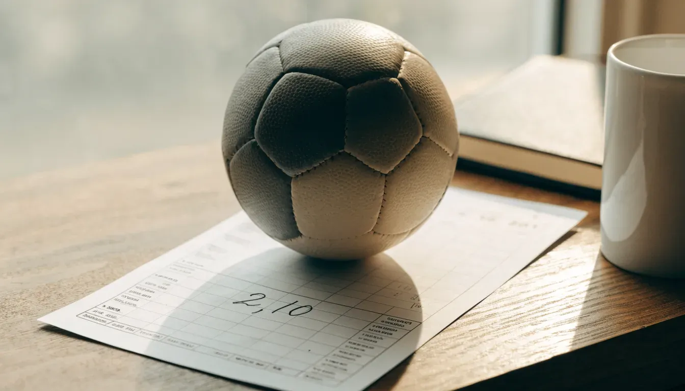 Un pallone da calcio appoggiato su una schedina bianca su un tavolo di legno, alla luce del giorno