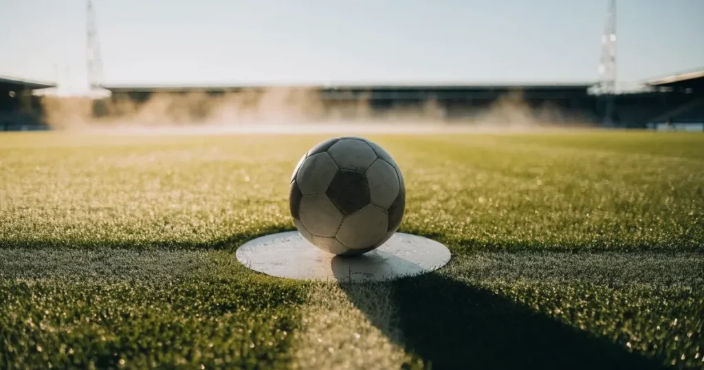 Un pallone da calcio sul dischetto del centrocampo di un prato, alla luce del mattino