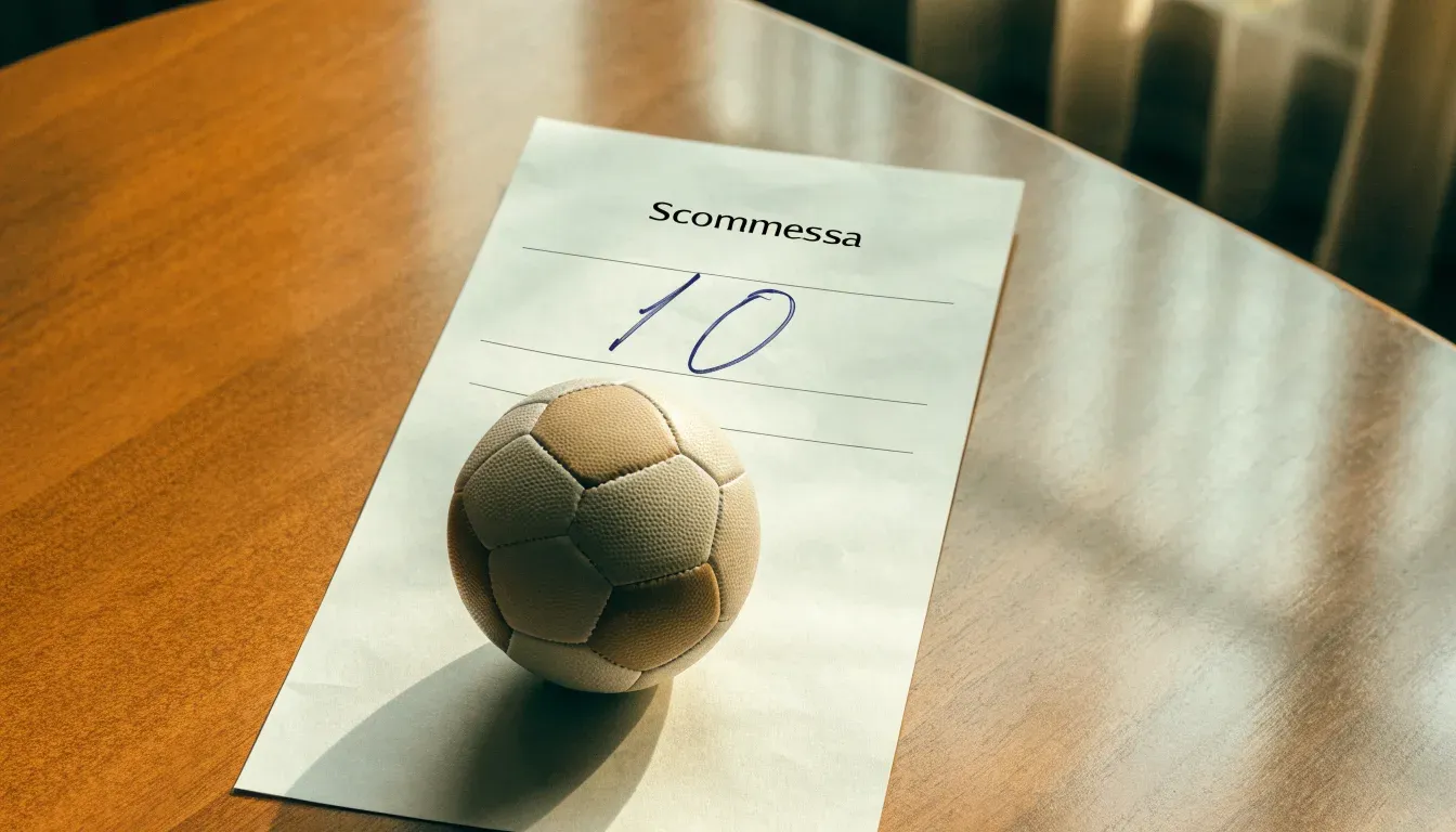 Un pallone da calcio appoggiato su una schedina bianca su un tavolo di legno, alla luce del giorno