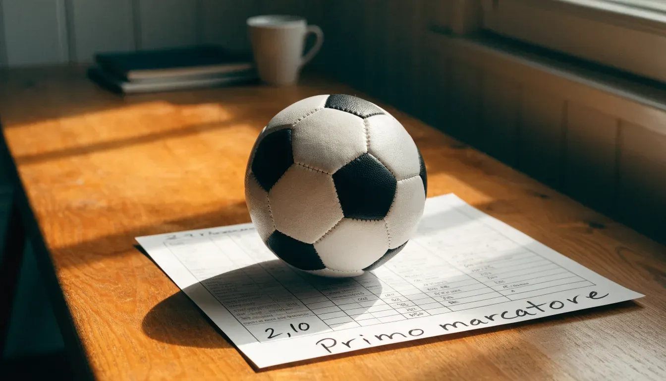 Un pallone da calcio appoggiato su una schedina bianca su un tavolo di legno, alla luce del giorno