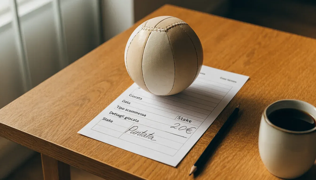 Un pallone da calcio appoggiato su una schedina bianca su un tavolo di legno, alla luce del giorno
