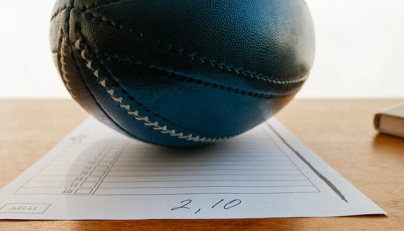 Un pallone da calcio appoggiato su una schedina bianca su un tavolo di legno, alla luce del giorno
