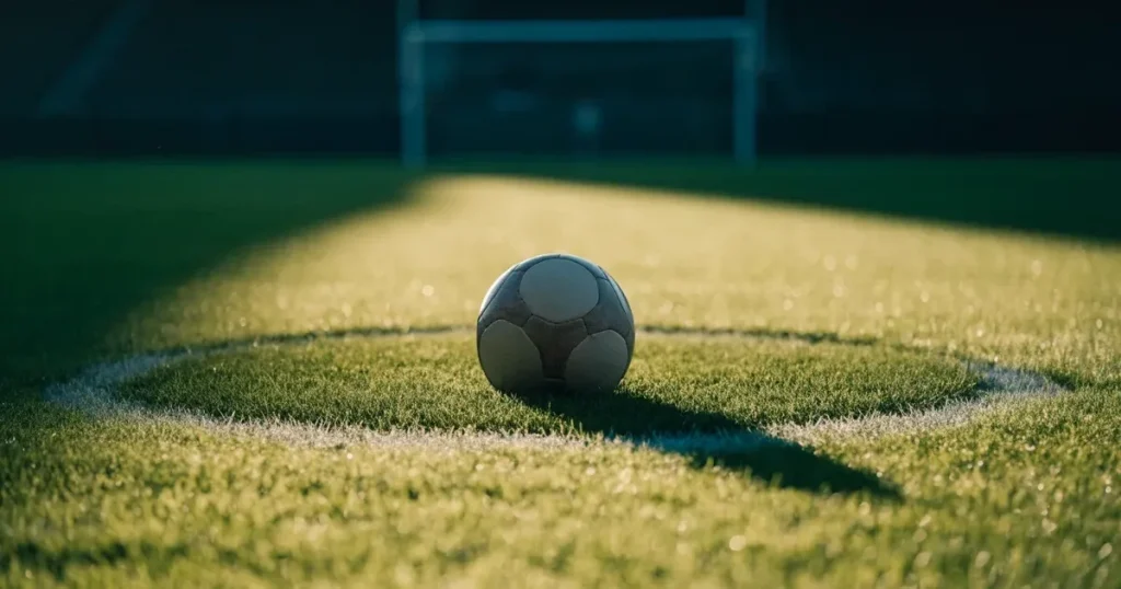 Un pallone da calcio sul dischetto del centrocampo di un prato, alla luce del mattino