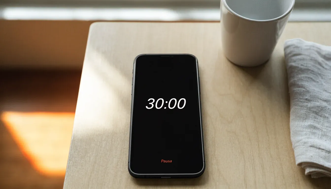 Un documento di identità appoggiato accanto a uno smartphone con un timer sullo schermo, su un tavolo da cucina