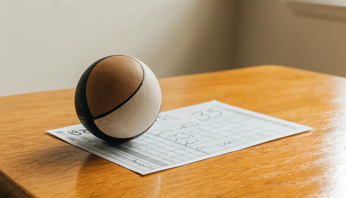 Un pallone da calcio appoggiato su una schedina bianca su un tavolo di legno, alla luce del giorno