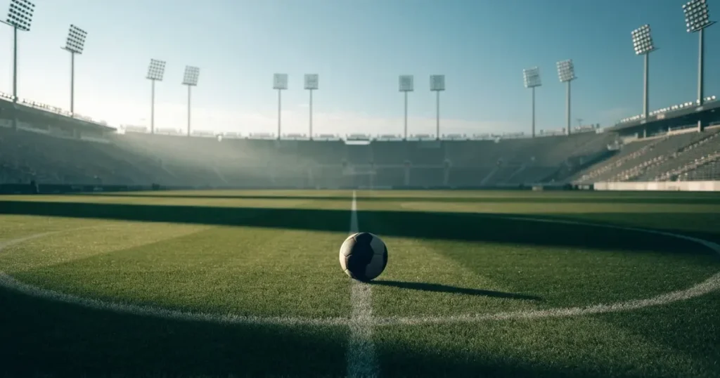 Un pallone da calcio sul dischetto del centrocampo di un prato, alla luce del mattino