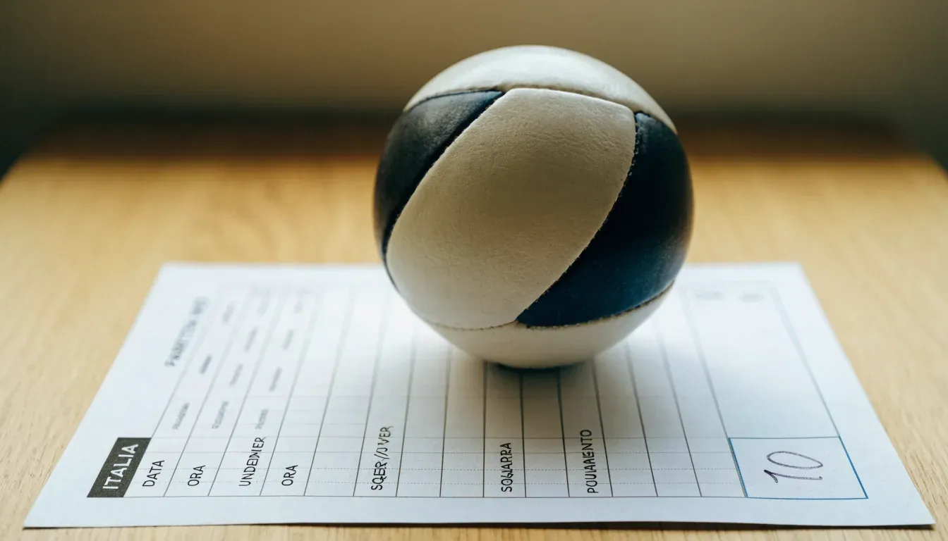 Un pallone da calcio appoggiato su una schedina bianca su un tavolo di legno, alla luce del giorno