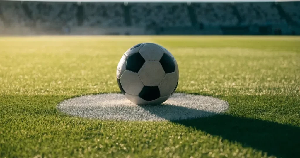 Un pallone da calcio sul dischetto del centrocampo di un prato, alla luce del mattino
