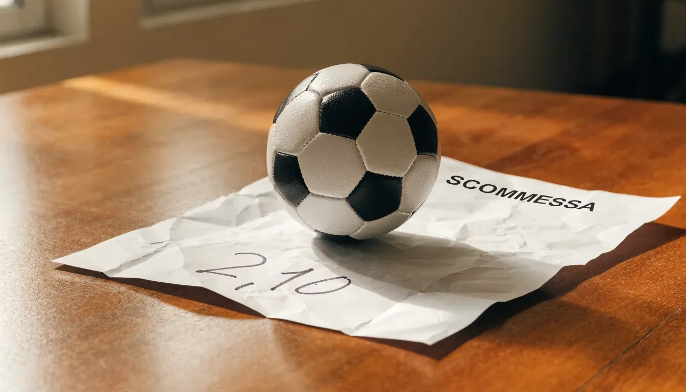 Un pallone da calcio appoggiato su una schedina bianca su un tavolo di legno, alla luce del giorno