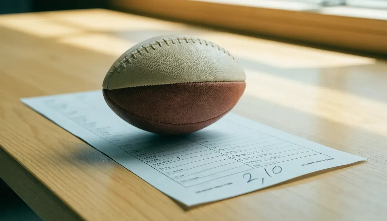 Un pallone da calcio appoggiato su una schedina bianca su un tavolo di legno, alla luce del giorno